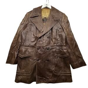 Vintage 70s Cortefiel Leather Double Breasted Coat Mens 40 Medium Patina Brown